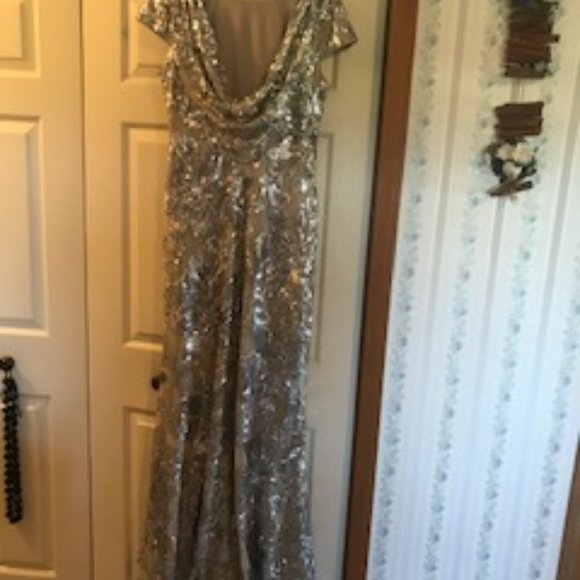 Calvin Klein long silver dress with lots of embellishments all over!  Size 14 - Picture 1 of 2